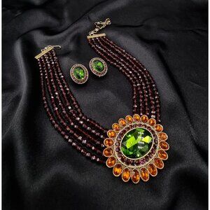 Heidi Daus Statement Necklace & Earrings Set W/ Glass Beads & Crystal Accents In